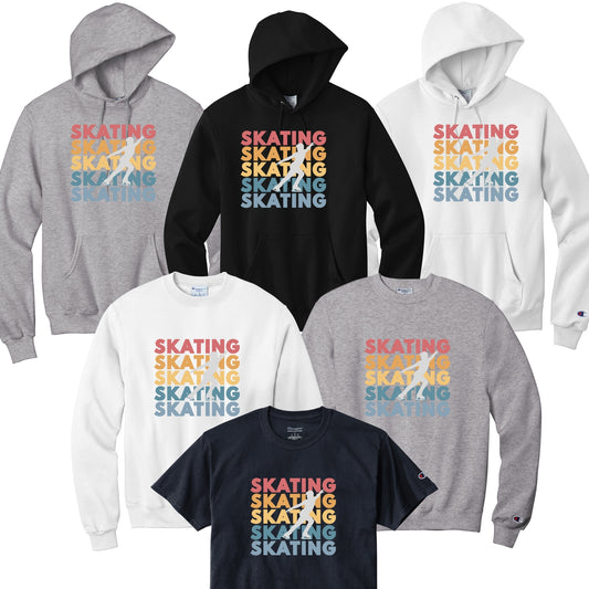 Collection of hoodies and t-shirts with 'Skating' text in various colors with a male figure skater in the background.