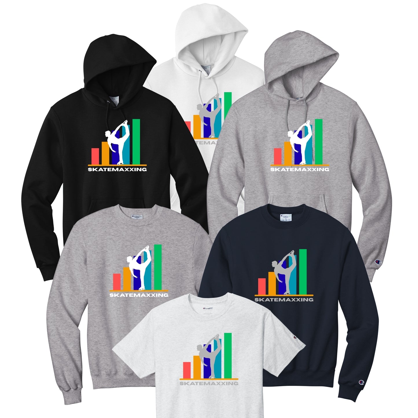 Collection of hoodies and t-shirts with primary color 'Skatemaxxing' graphic design and a male skater reaching his goals.