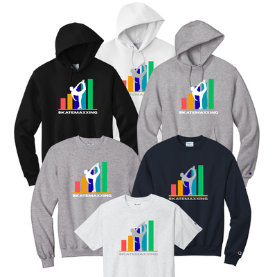 Collection of hoodies and t-shirts with 'Skatemaxxing' graphic design in gray or white font.