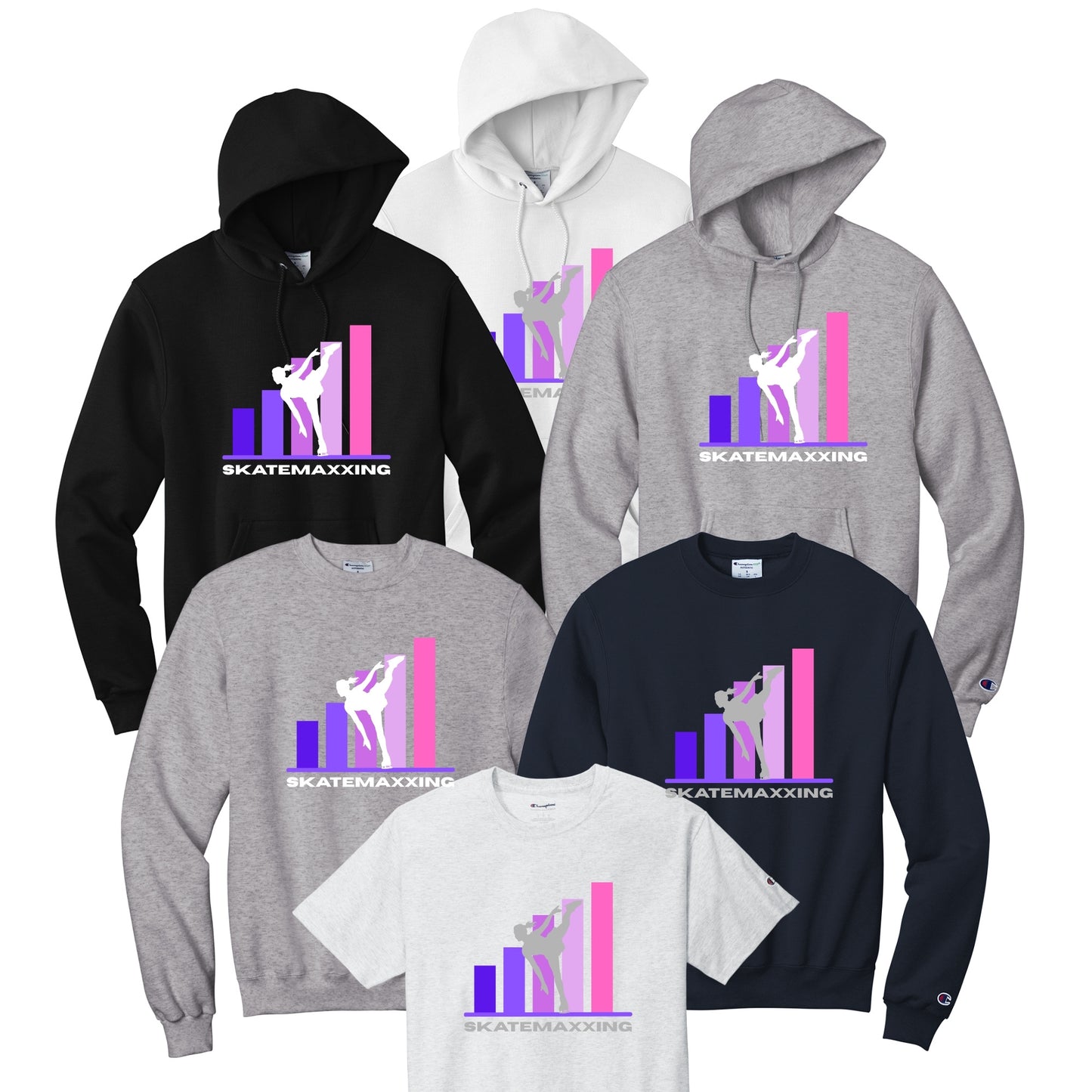Collection of hoodies and t-shirts with a 'SKATEMAXXING" graphic design and female figure skater reaching her goals.
