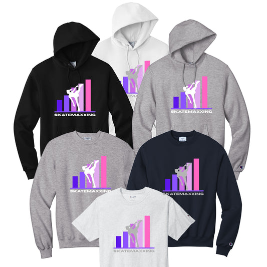 Collection of hoodies and t-shirts with a 'SKATEMAXXING" graphic design and female figure skater reaching her goals.