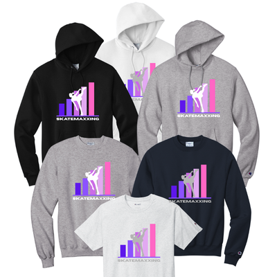 Apparel with Figure Skating Design of Silhouette and 'SKATEMAXXING" in pastel color bar in white and gray font.