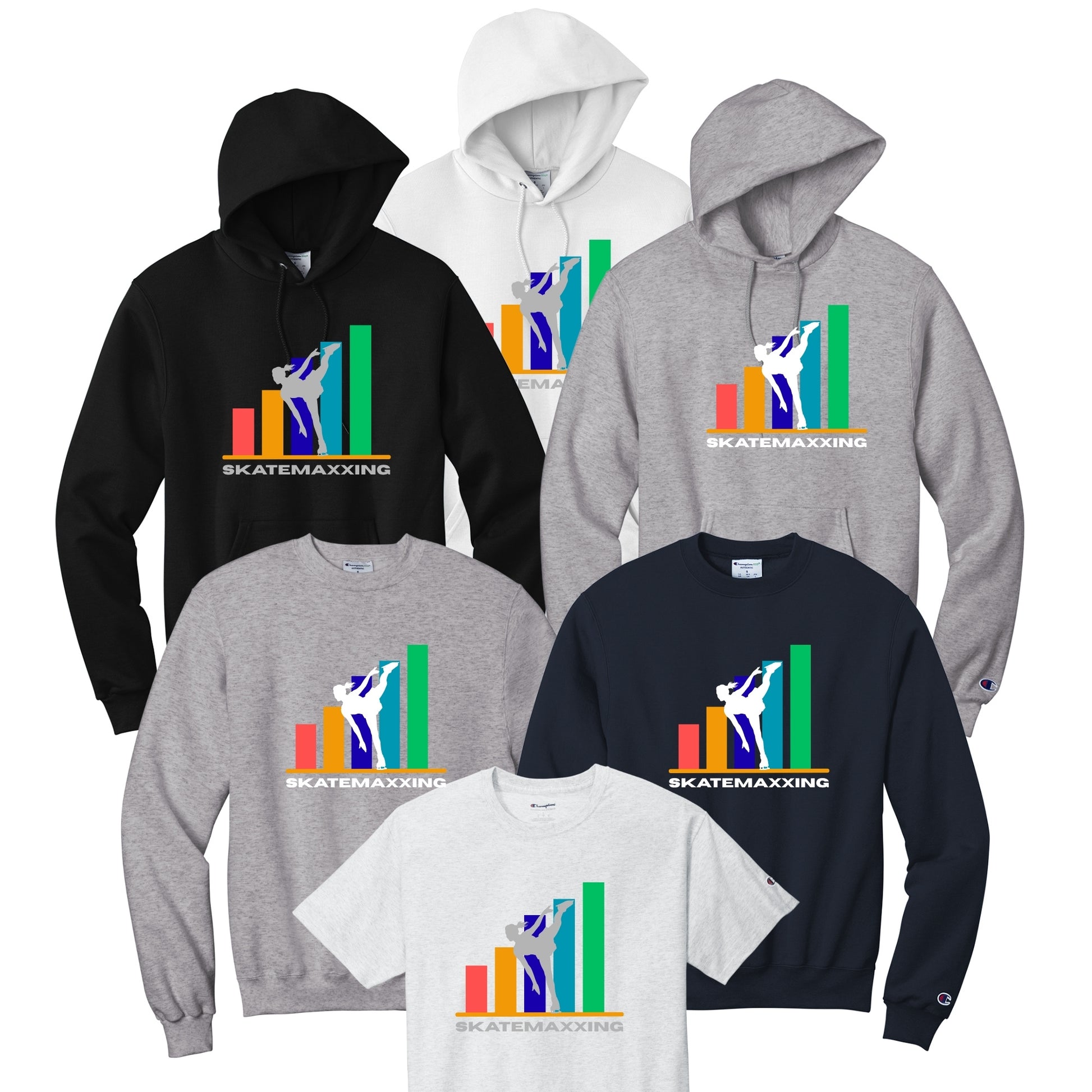 Collection of hoodies and t-shirts with primary colors 'SKATEMAXXING' graphic design with a female skater reaching her goals.