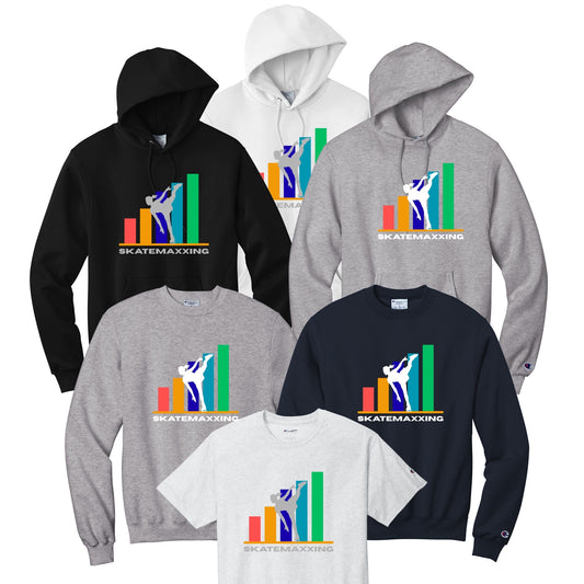Collection of hoodies and t-shirts with primary colors 'SKATEMAXXING' graphic design with a female skater reaching her goals.