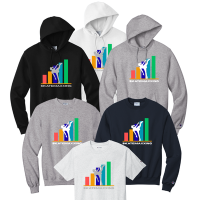Collection of hoodies and t-shirts with a colorful graphic female 'SKATEMAXXING' in gray or white font.