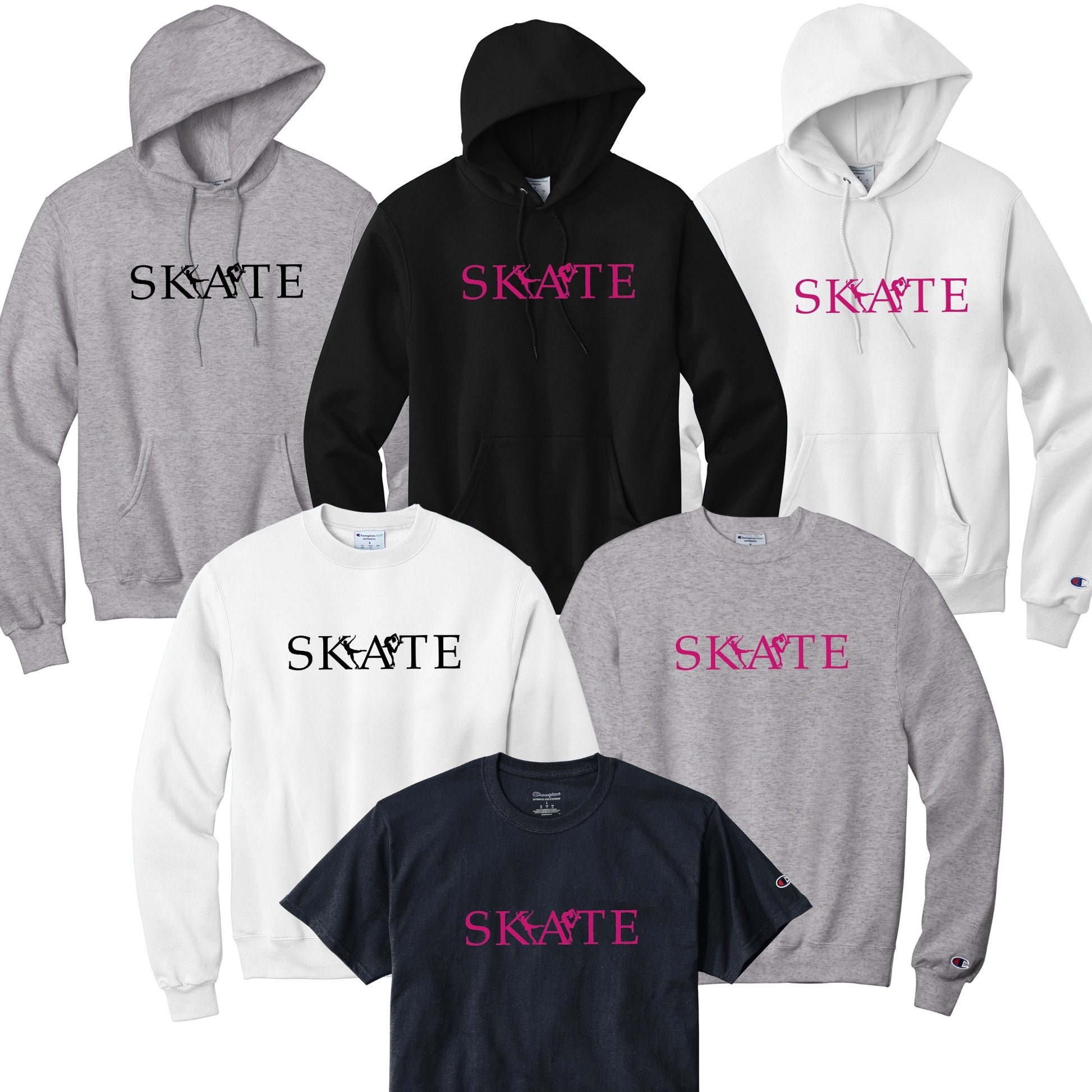 Collection of hoodies and t-shirts with 'SKATE' text in black or pink with female  skater doing elements between the letters. 