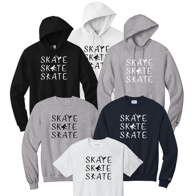Collection of hoodies and t-shirts with 'SKATE' text with figure skaters