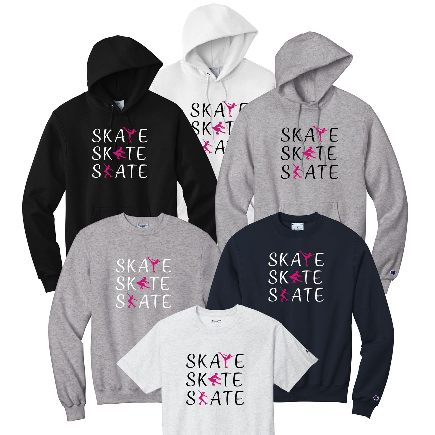 Collection of hoodies and t-shirts with 'SKATE' text design repeated with hot pink skater performing different elements.