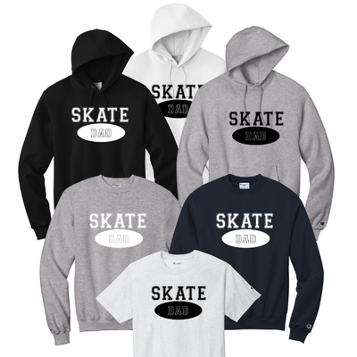 Collection of hoodies and sweatshirts with 'SKATE DAD' text in white or black font.