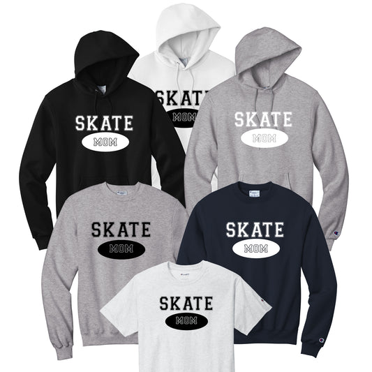 Collection of hoodies and sweatshirts with 'SKATE MOM' text in black or white.