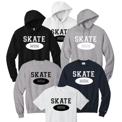 Collection of hoodies and sweatshirts with 'Skate Mom' available in black or white font.