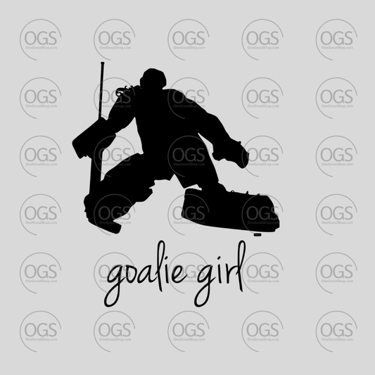 Silhouette of a hockey goalie with 'goalie girl'  black font