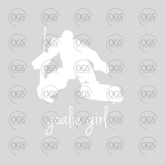Silhouette of a hockey goalie with 'goalie girl'  white font