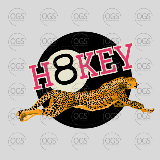 A stylized graphic featuring a running cheetah in front of a black 8-ball with the words “H8KEY” in pink outlined lettering.
