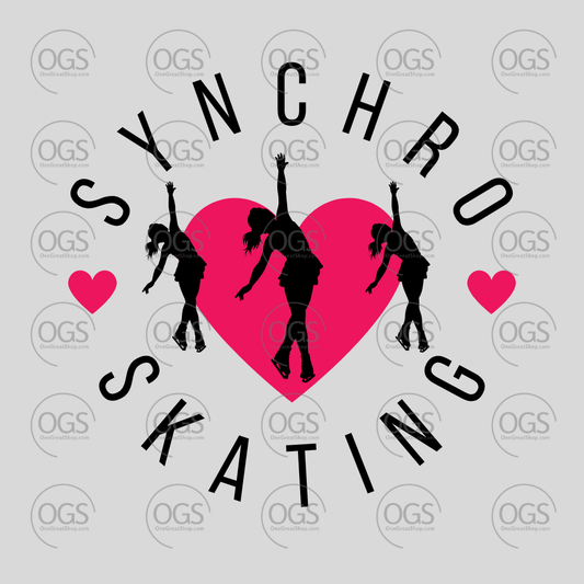 Silhouette of synchro skaters with a pink heart and 'Synchro Skating' text on a gray background with OGS branding.