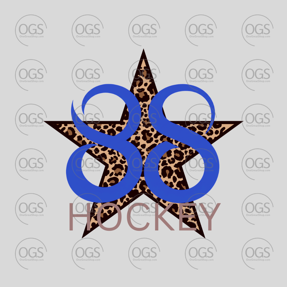 A graphic design featuring a five-point star filled with a brown and black leopard print pattern, overlaid with large blue numbers '88' and the word 'HOCKEY' in muted pinkish-brown below.