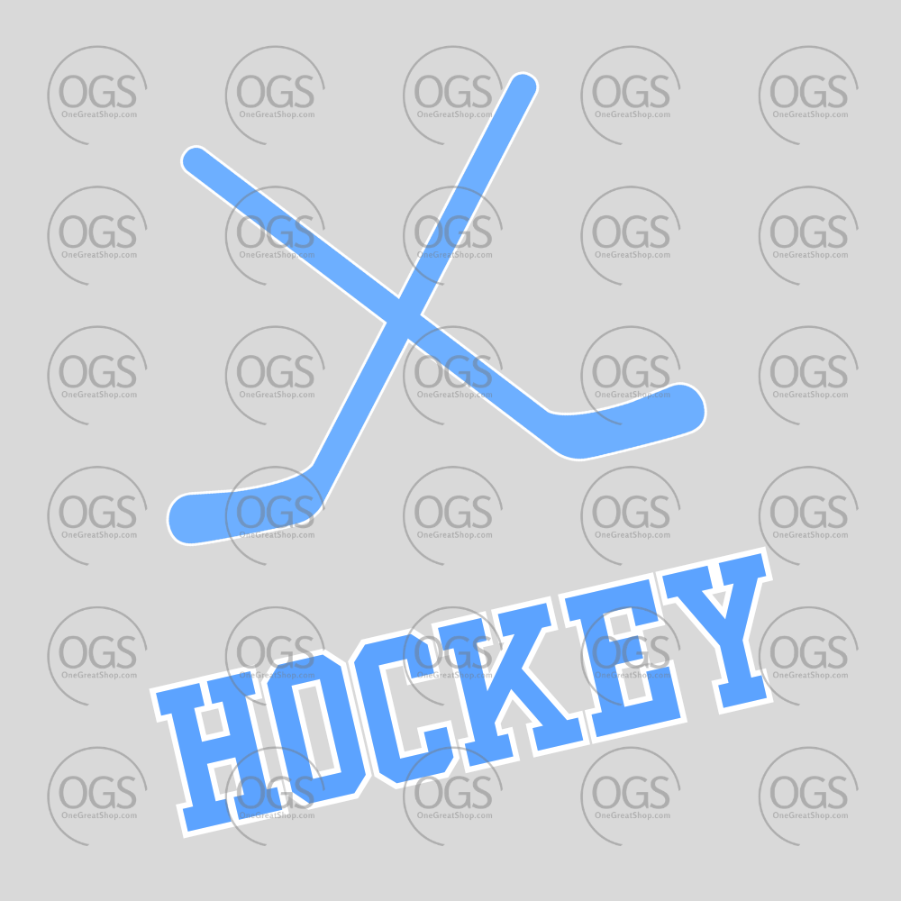 A blue hockey graphic design featuring two crossed hockey sticks above the word 'HOCKEY'.