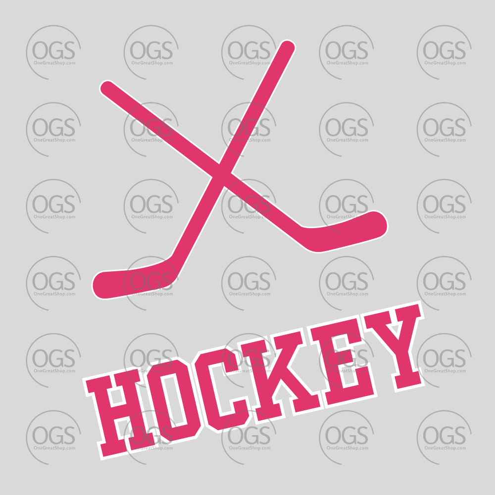 A pink hockey graphic design featuring two crossed hockey sticks above the word 'HOCKEY'.