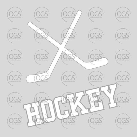 A white hockey graphic design featuring two crossed hockey sticks above the word 'HOCKEY'.