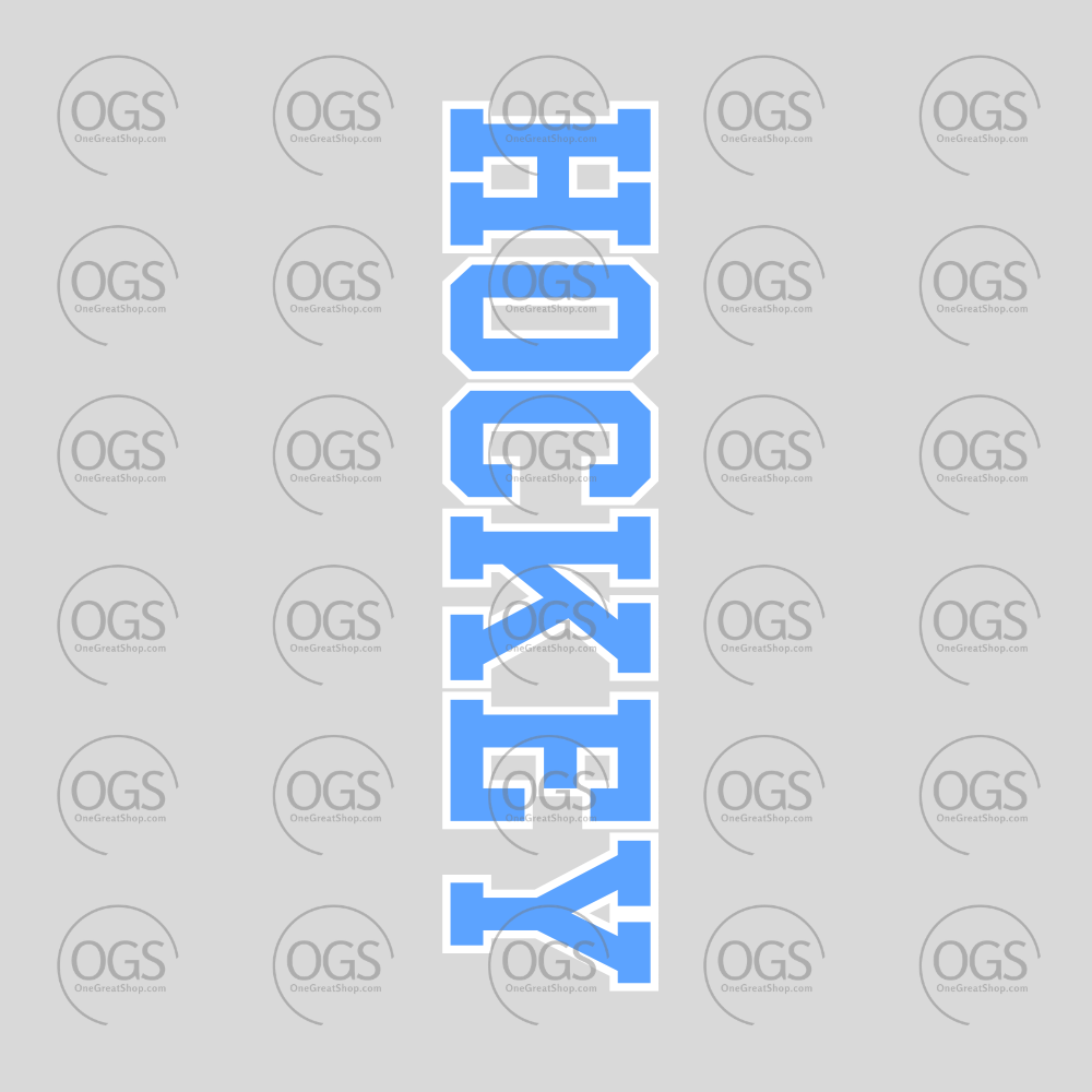 A vertical graphic featuring the word 'HOCKEY' in large blue block letters with gray outline.