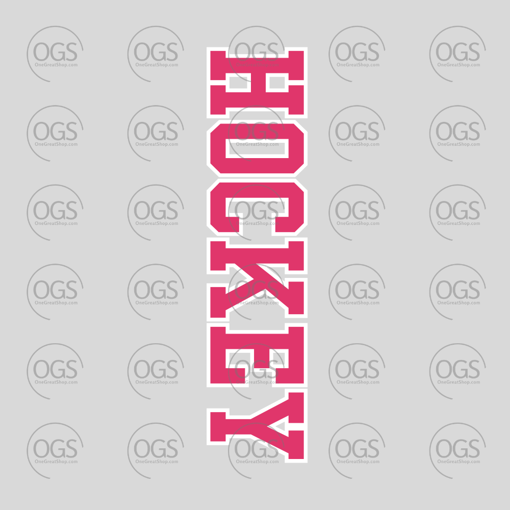 A vertical graphic featuring the word 'HOCKEY' in large pink block letters with gray outline.