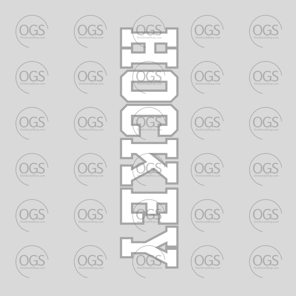A vertical graphic featuring the word 'HOCKEY' in large white block letters with gray outline.
