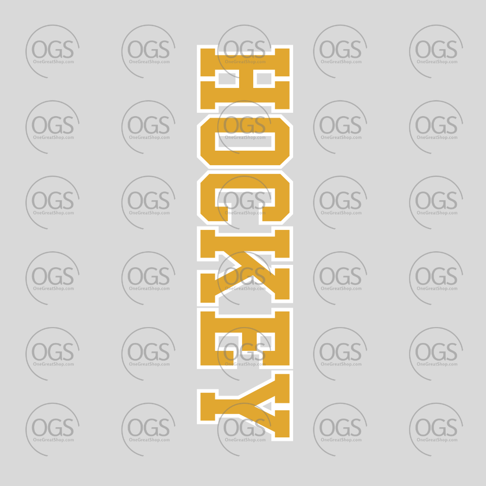 A vertical graphic featuring the word 'HOCKEY' in large yellow block letters with gray outline.