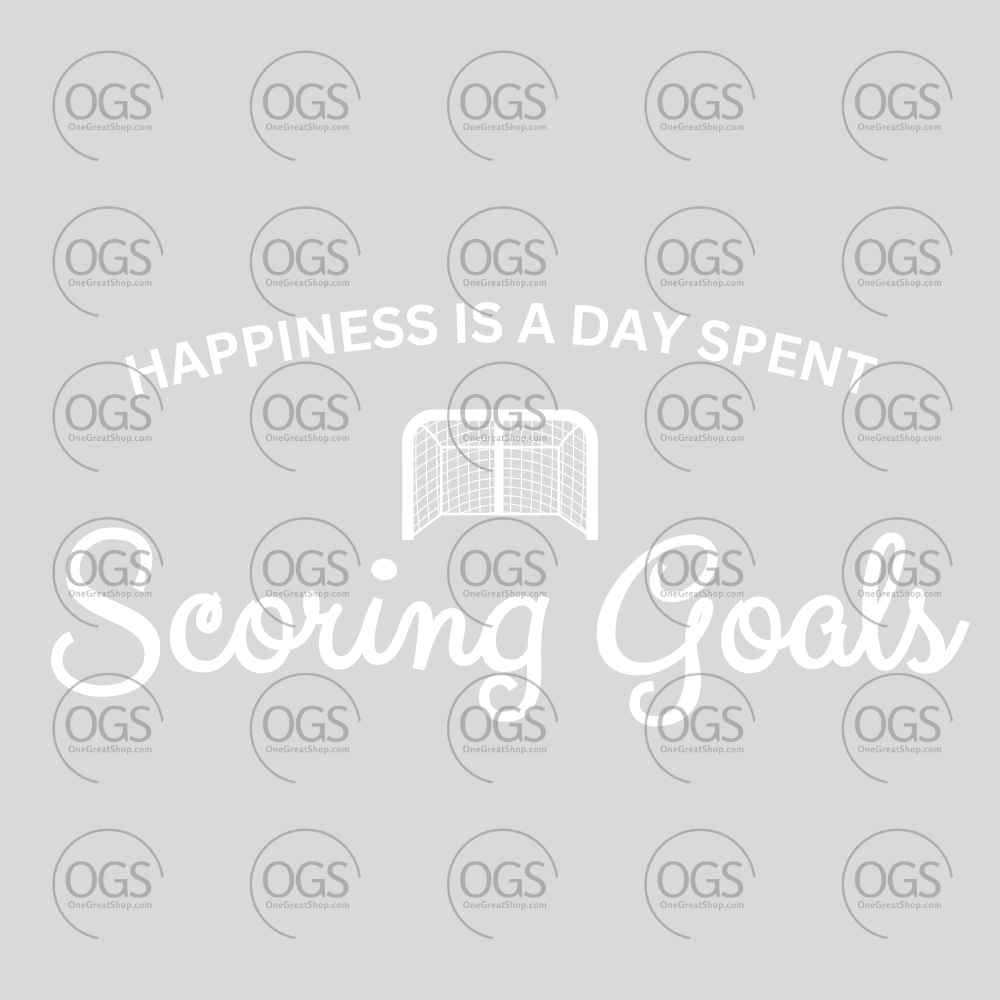 Hockey Design 'Happiness is a day spent scoring goals' in white font.