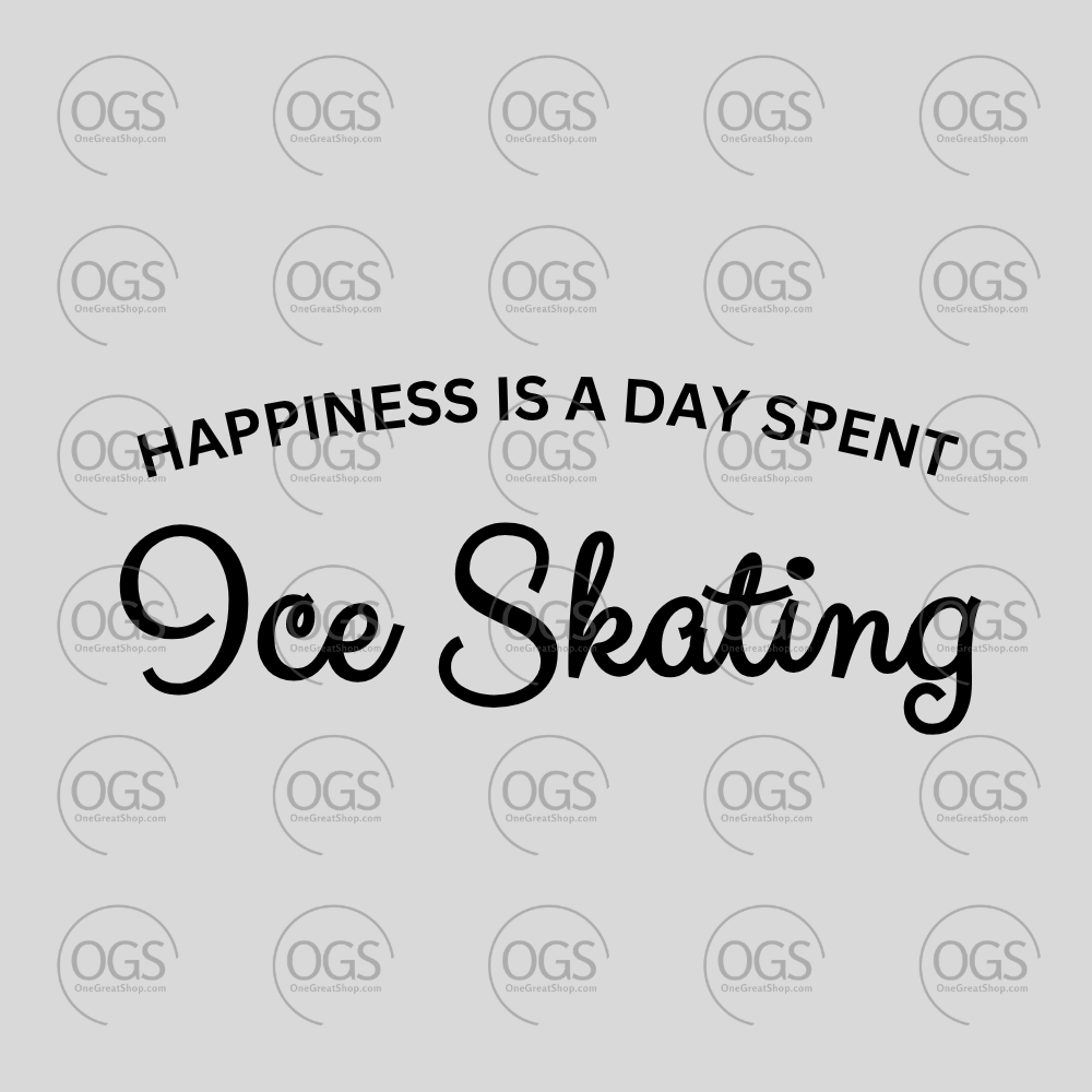 Text 'Happiness is a day spent Ice Skating' on a gray background with OGS branding.