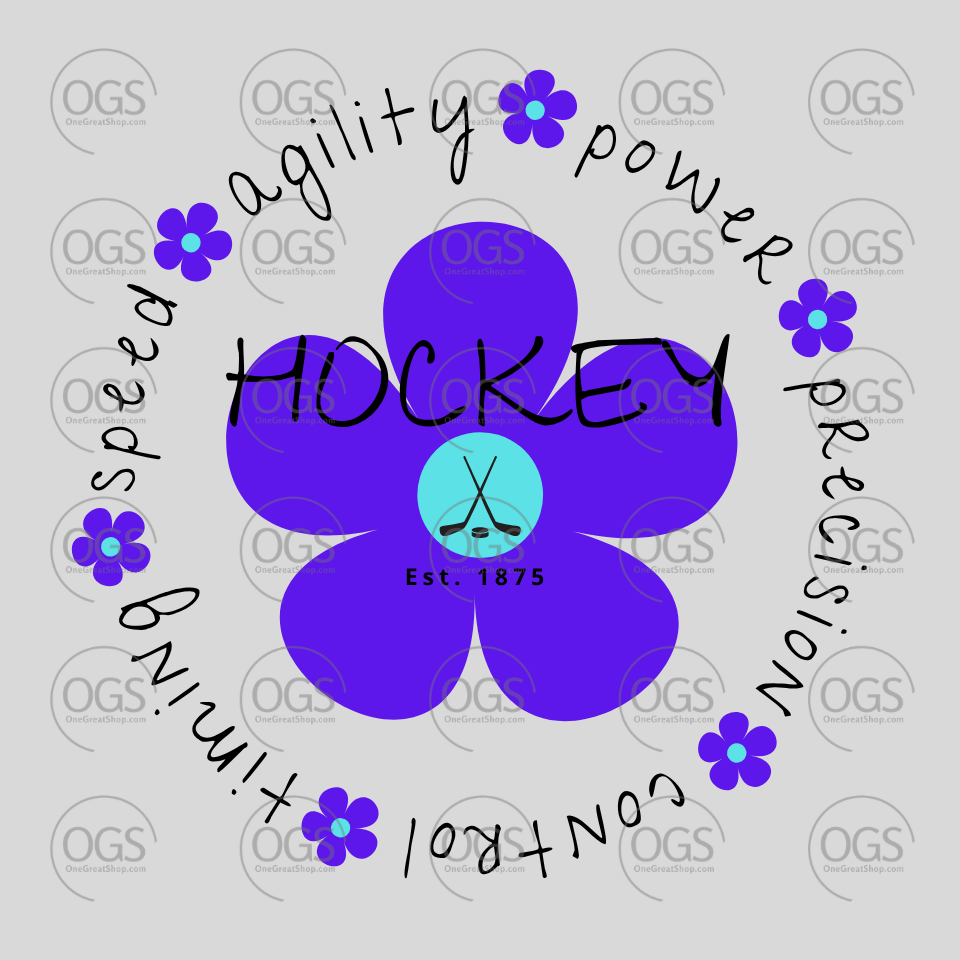 Hockey-themed graphic with purple flowers and text on a light gray background hockey speed agility power precision control timing