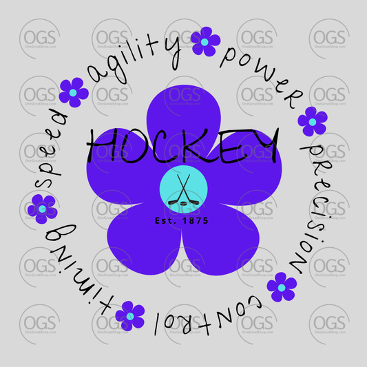 Hockey-themed graphic with purple flowers and text on a light gray background hockey speed agility power precision control timing