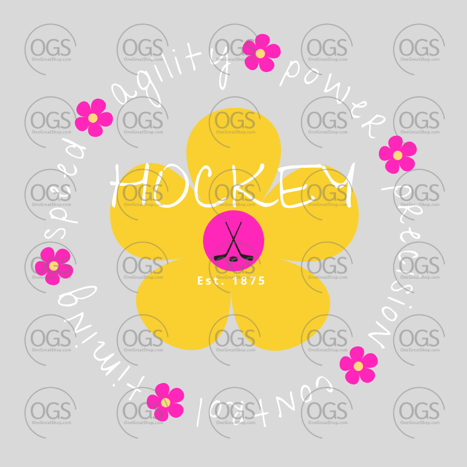 Yellow flower with pink center and 'Hockey' text on a gray background with 'OGS' branding.