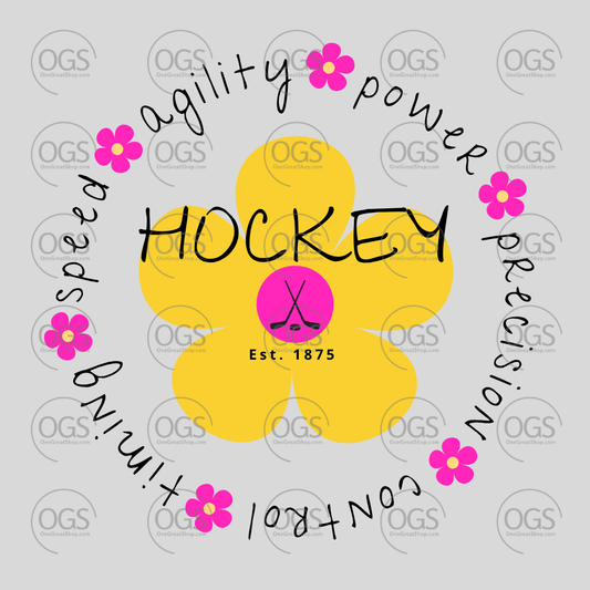 Yellow flower with pink center and text around it on a gray background
