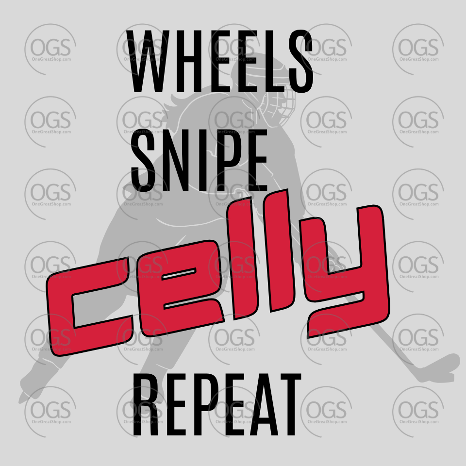 Text 'Wheels Snipe Celly Repeat' with hockey equipment on a gray background