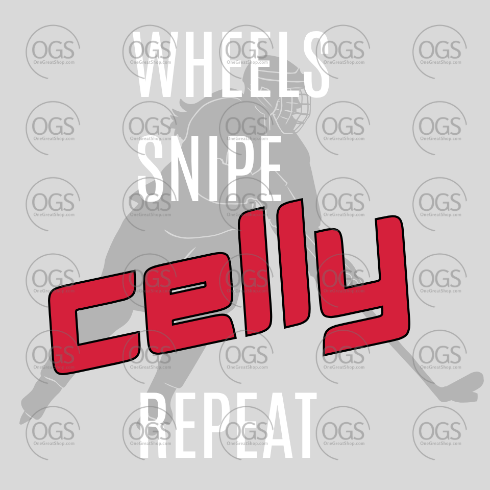 Text 'Wheels Snipe Celly Repeat' with a hockey stick and puck graphic on a gray background.