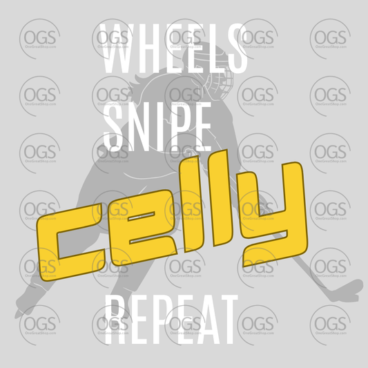 Text overlay with 'Wheels', 'Snipe', 'Celly', and 'Repeat' on a gray background with 'OGS' branding.