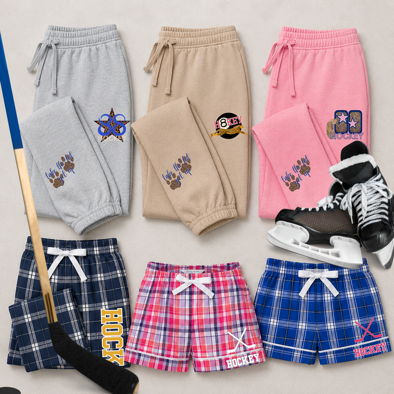 Hockey bottoms, including shorts, joggers, flannel pants with unique or custom designs.