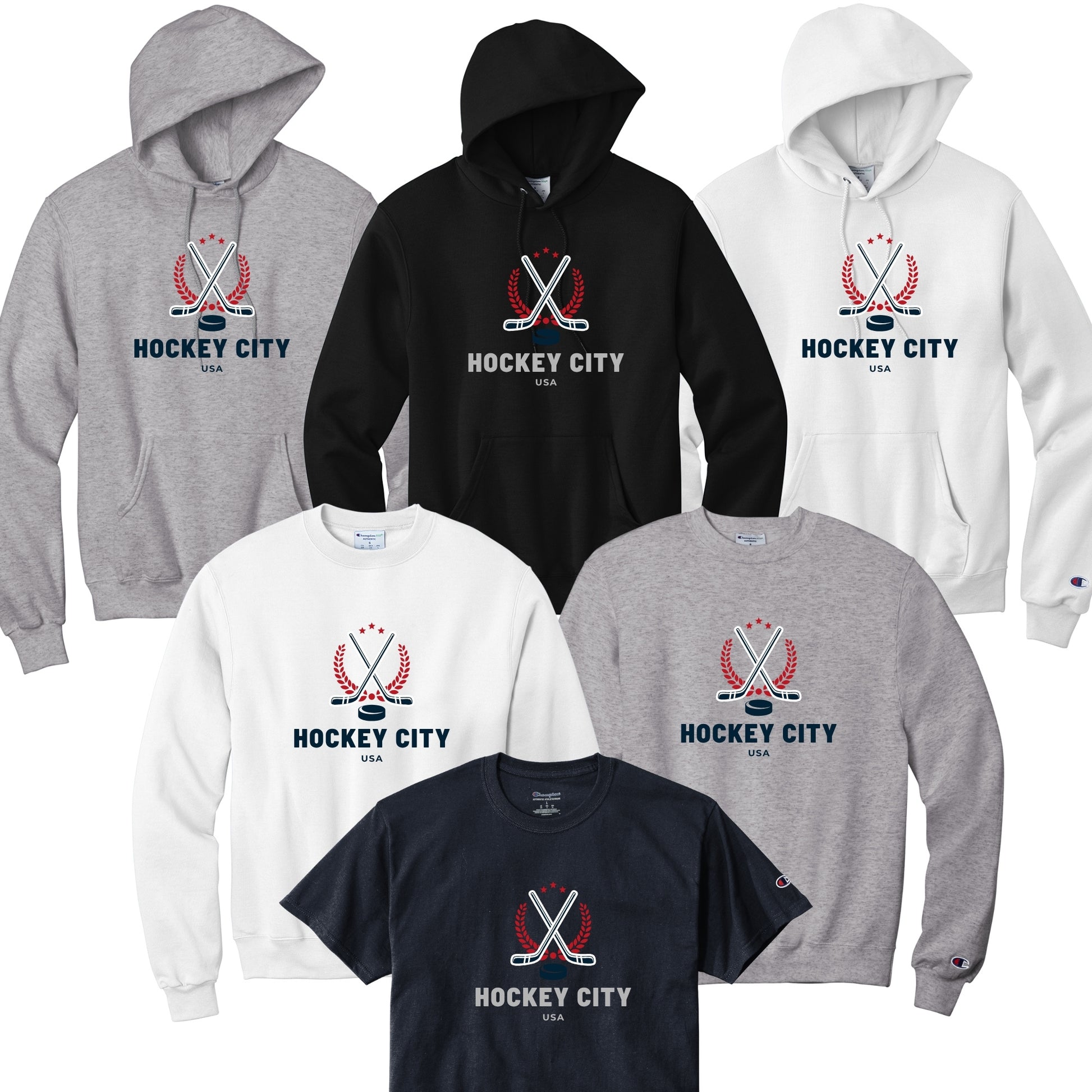 Collection of hoodies and t-shirts with Hockey City USA logo.