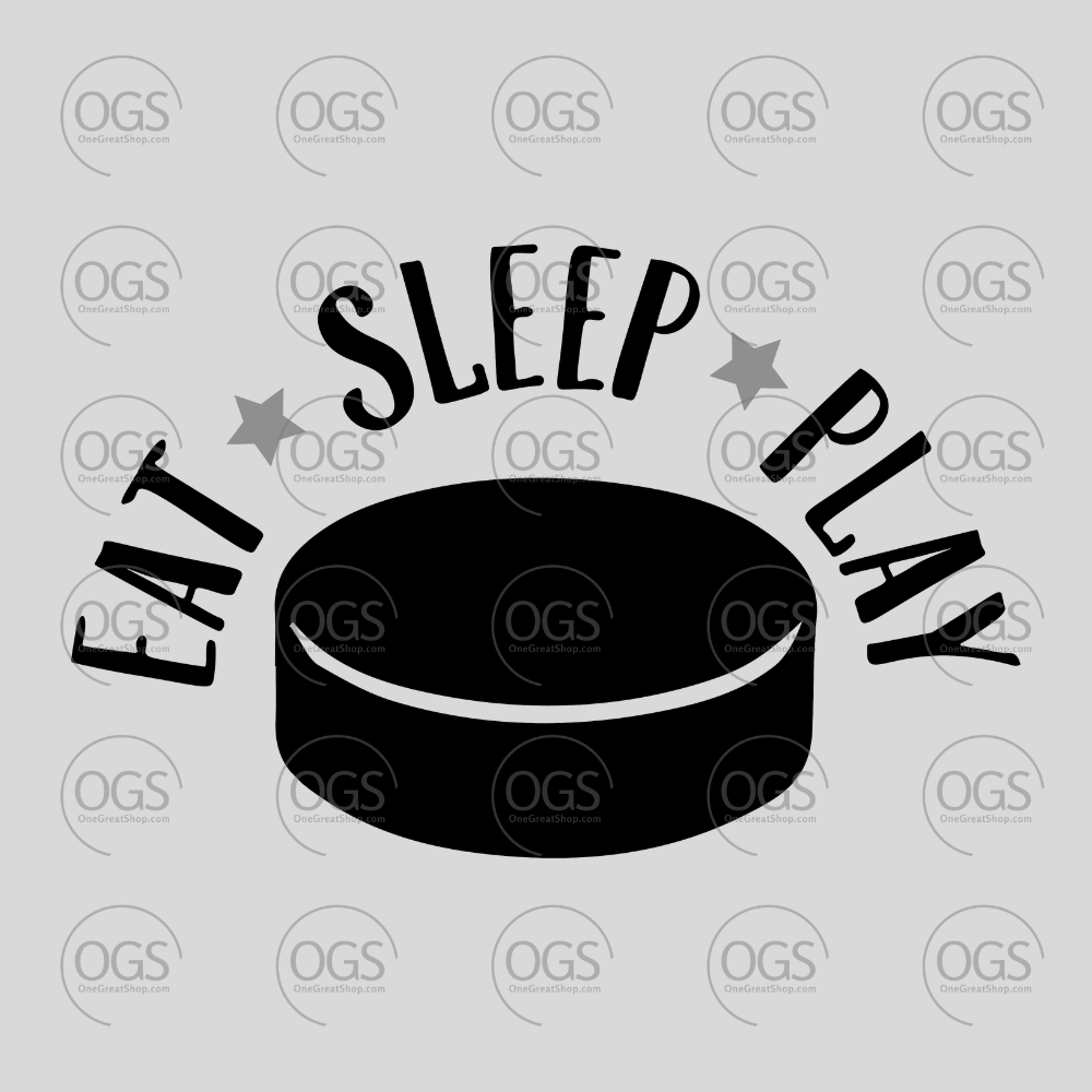 Black hockey puck with 'Eat Sleep Play' text on a gray background with OGS branding.
