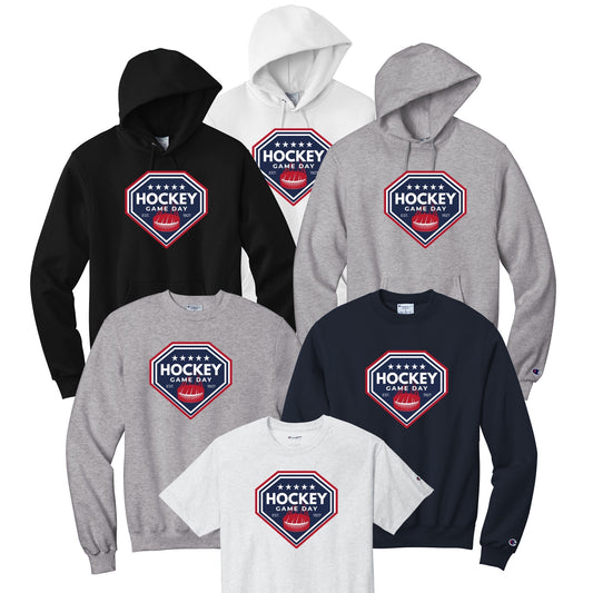 Collection of hoodies and sweatshirts with a hockey game day design.