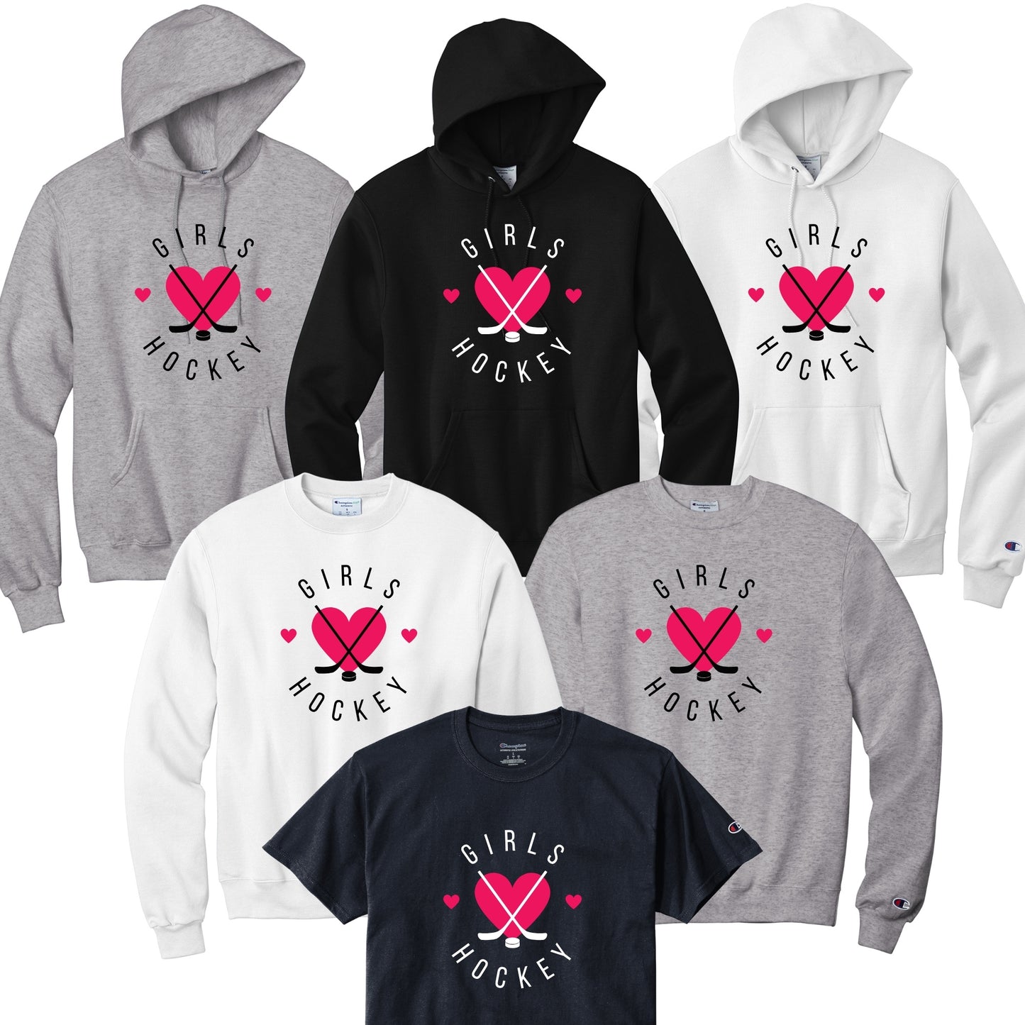 Collection of hoodies and t-shirts with 'Love Girls Hockey' design in black or white font.