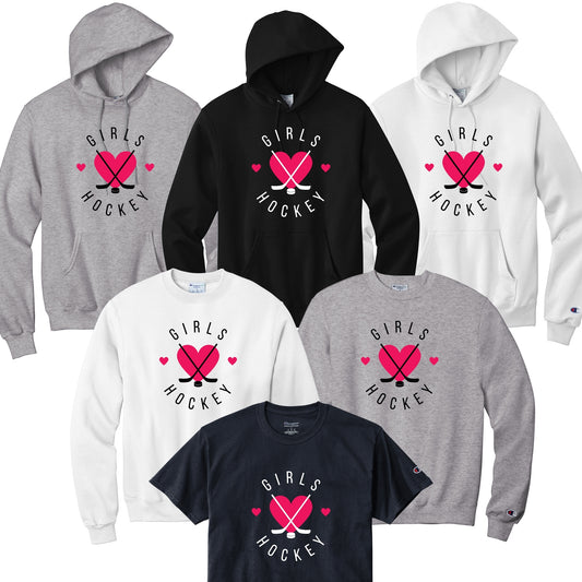 Collection of hoodies and t-shirts with 'Love Girls Hockey' design in black or white font.