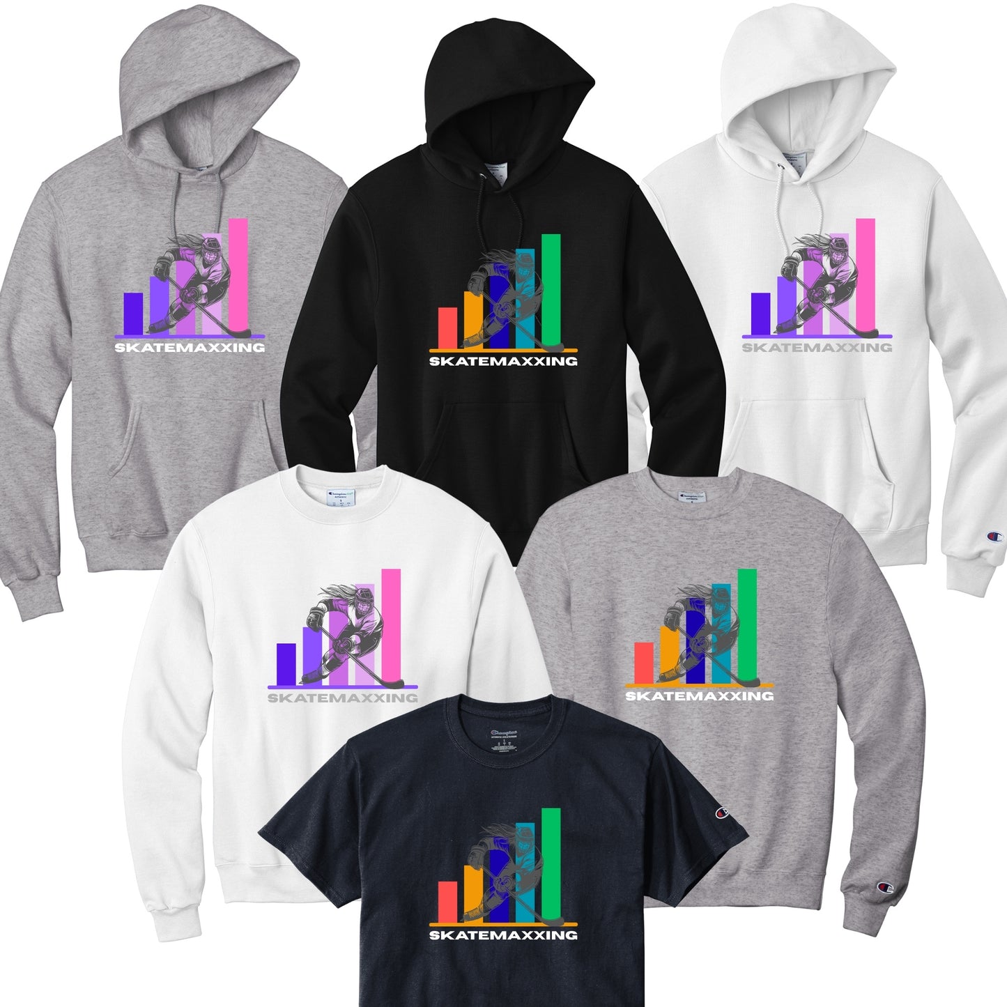 Collection of hoodies and sweatshirts with 'Skatemaxxing' graphic design in white or gray font.