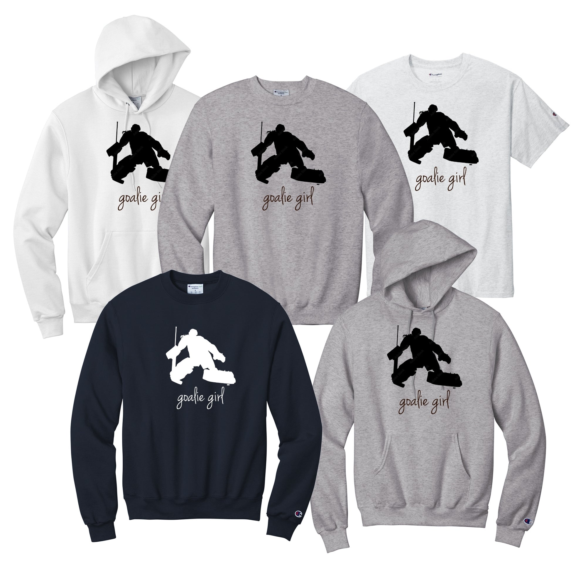 Collection of sweatshirts and t-shirts with 'goalie girl' graphic design in black or white.