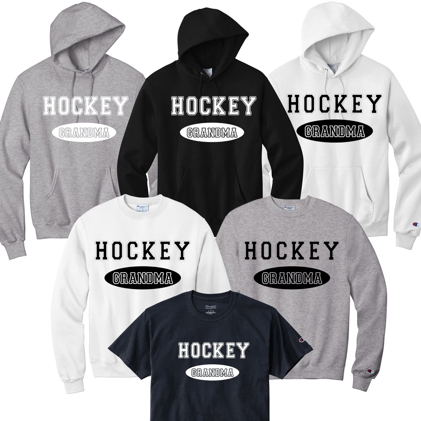 Collection of 'Hockey Grandma' hoodies and sweatshirts in black or white font.