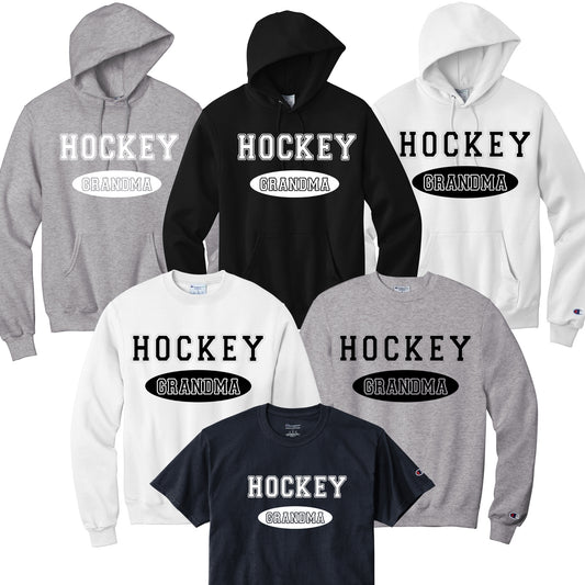 Collection of 'Hockey Grandma' hoodies and sweatshirts in black or white font.