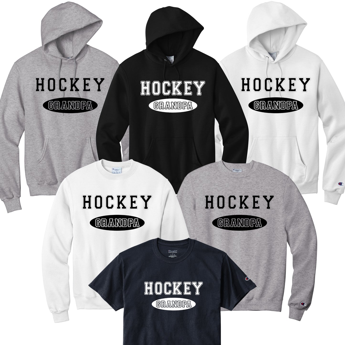 Collection of hoodies and a t-shirt with 'Hockey Grandpa' text in white or black font.