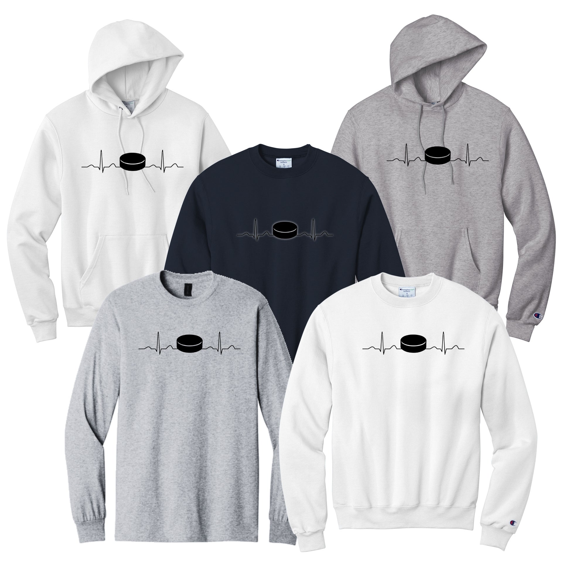 Five hoodies and sweatshirts in various colors with a hockey puck heartbeat  ine design.