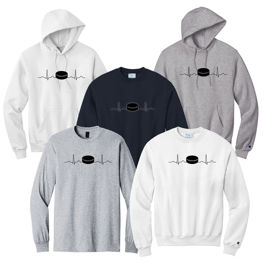 Five hoodies and sweatshirts in various colors with a hockey puck heartbeat  ine design.