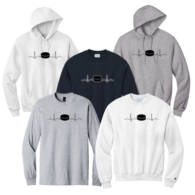 Five hoodies and t-shirts with hockey puck designs on a white background
